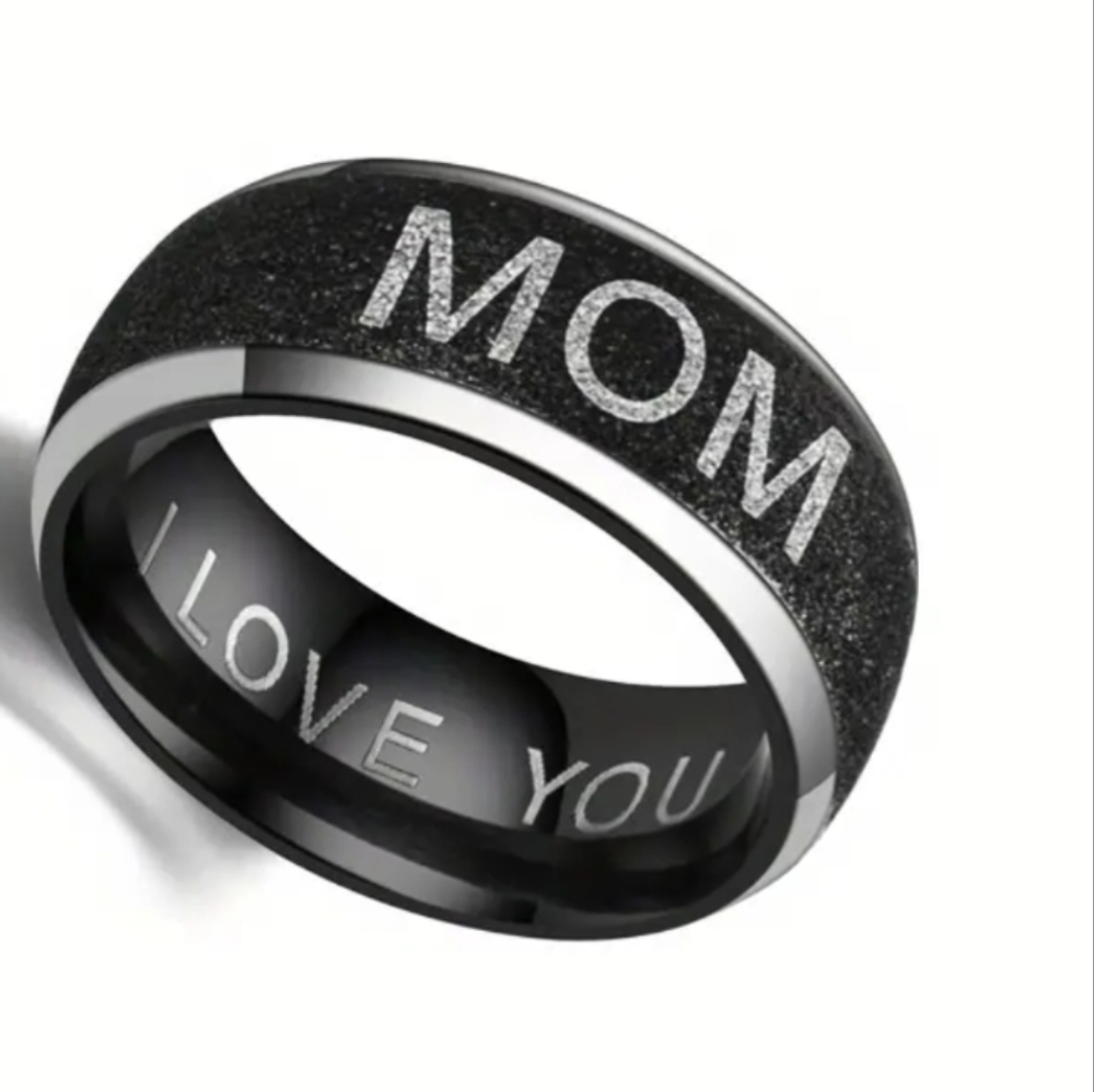 Elegant Stainless Steel & Sparkling Black MOM RING I Love You Written Inside NWT
